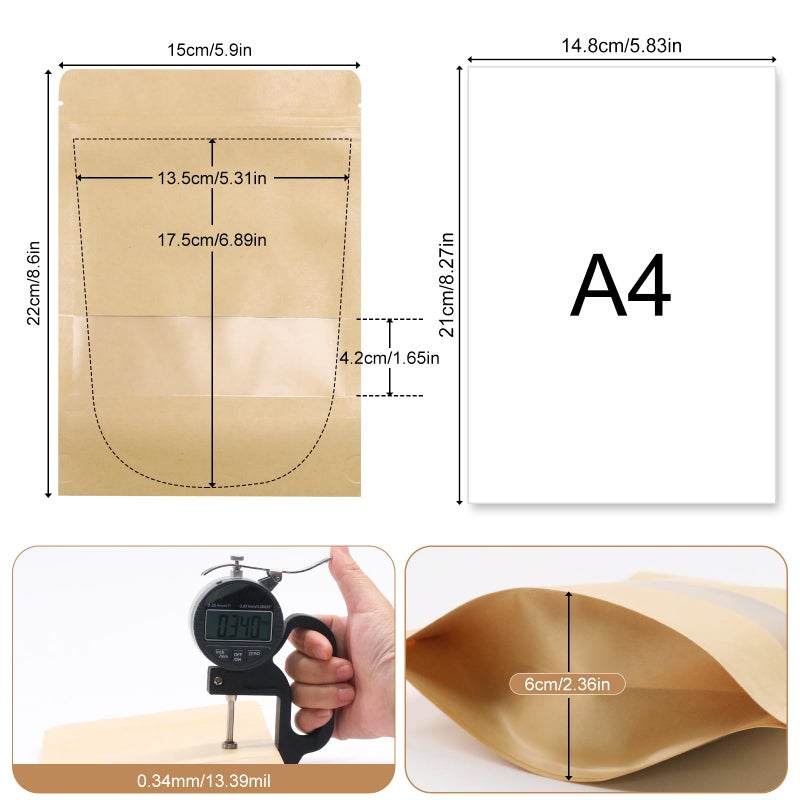 SumDirect Kraft Stand Up Pouches - 50Pcs Resealable Kraft Paper Stand Up Bags with Window, Zipper Disposable Food Storage Bags for Home or Business (50, 6x8.6inch) - Image 2